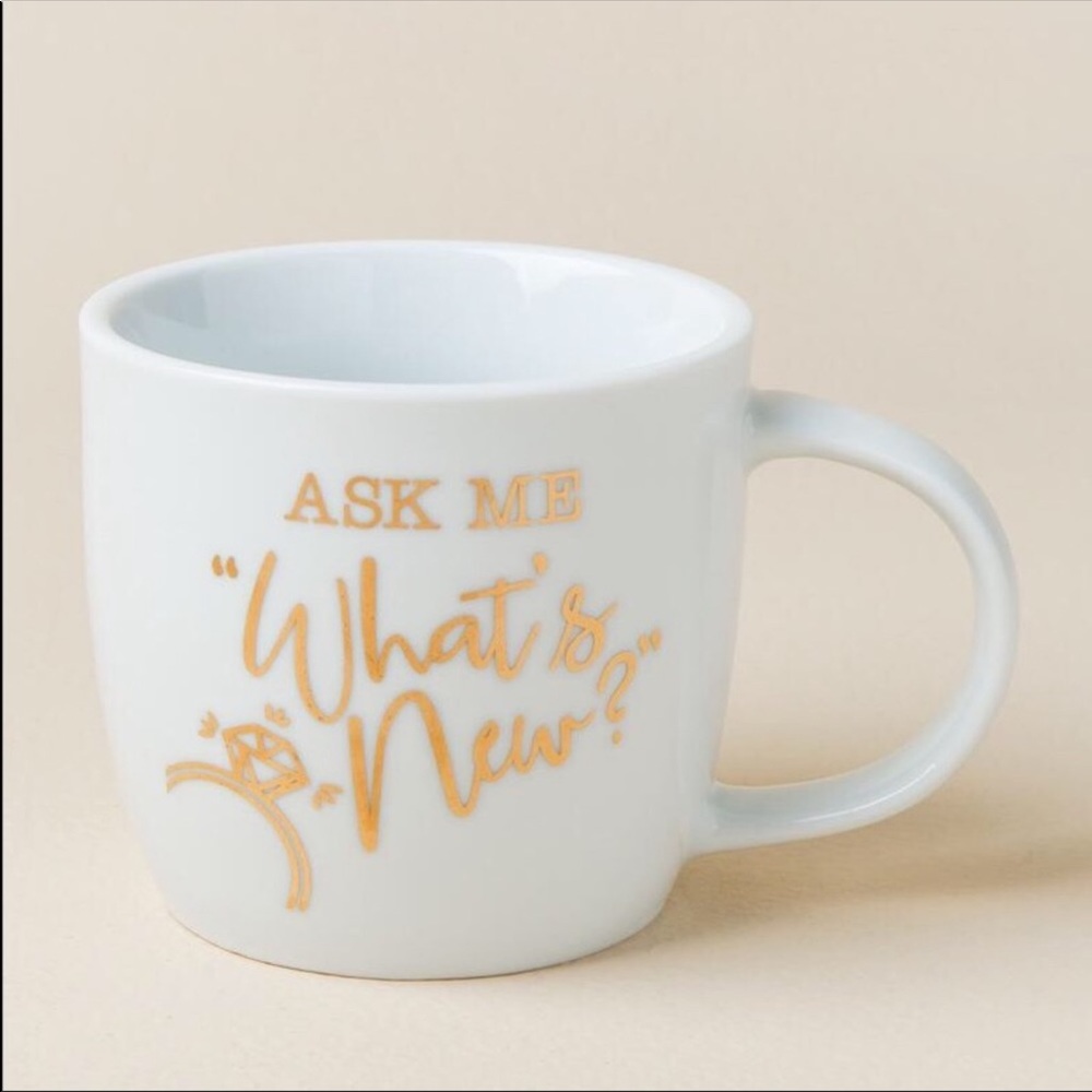 Mud Pie White Ceramic Mug with Gold Foil "Ask Me What's New?"
